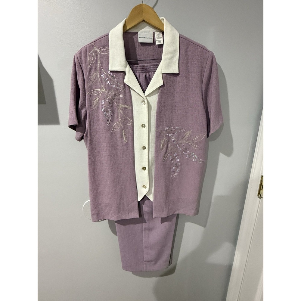 Alfred Dunner Pant Suit Women's 14 Lilac Blazer Mock Vest Short Sleeve Pants 16